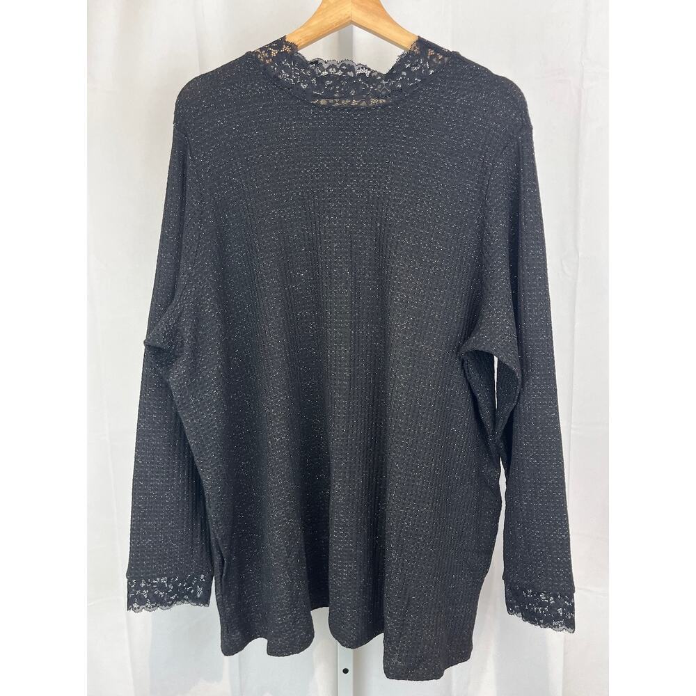LOGO Lori Goldstein Metallic Waffle Knit Mock Neck Top Long Sleeve Black 2X Plus